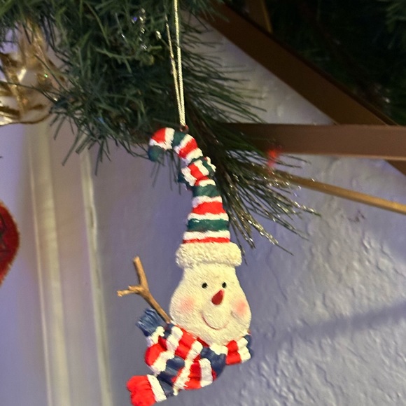 Vintage Blue and red stripes silly hat and scarf snowman face ornament - Picture 6 of 14